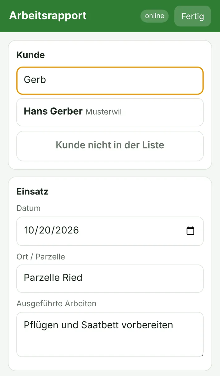 Arbeitsrapport auf dem Handy (Beispieldaten)
