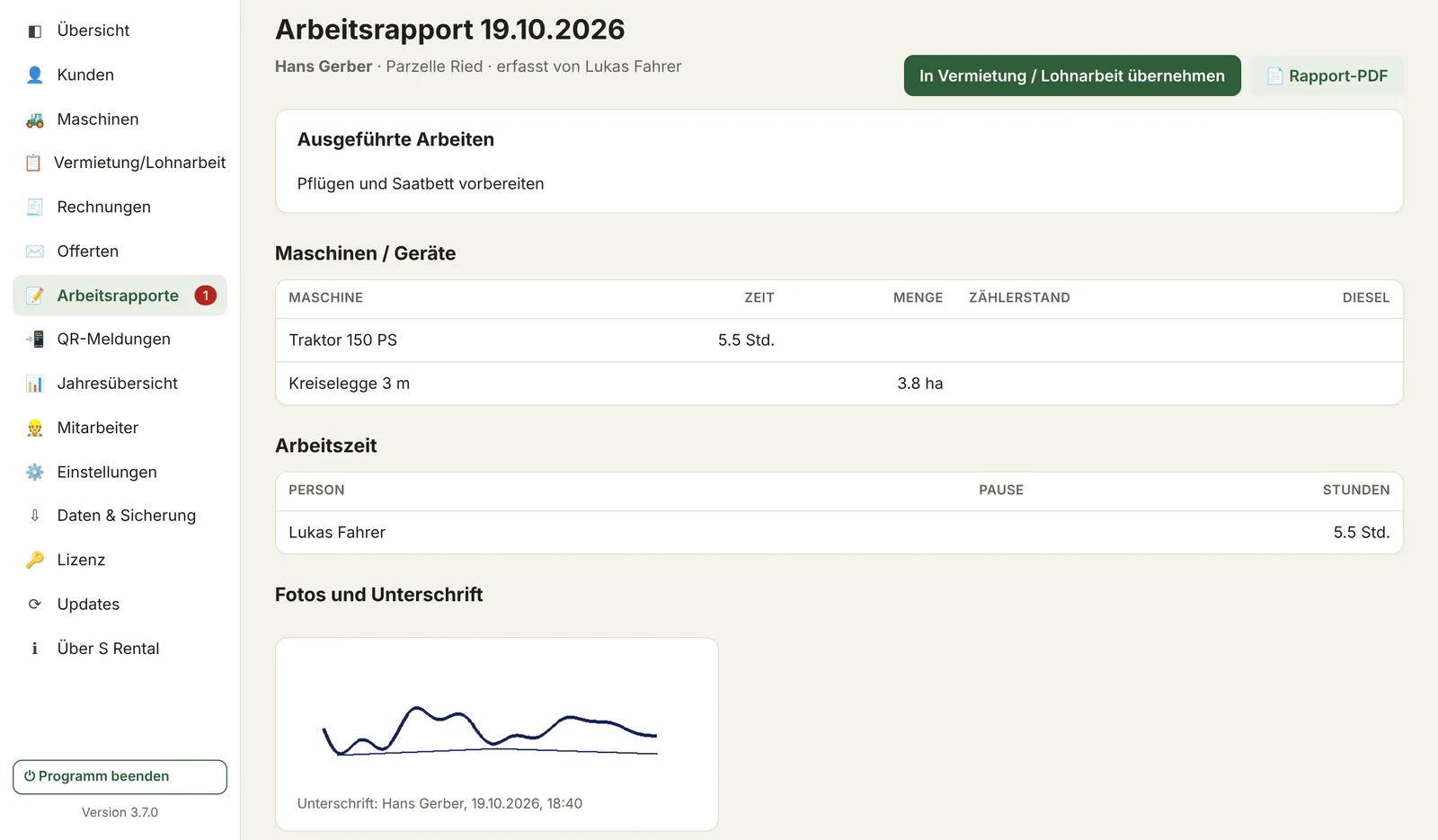 Arbeitsrapport mit Maschinen, Arbeitszeit und Unterschrift in S Rental