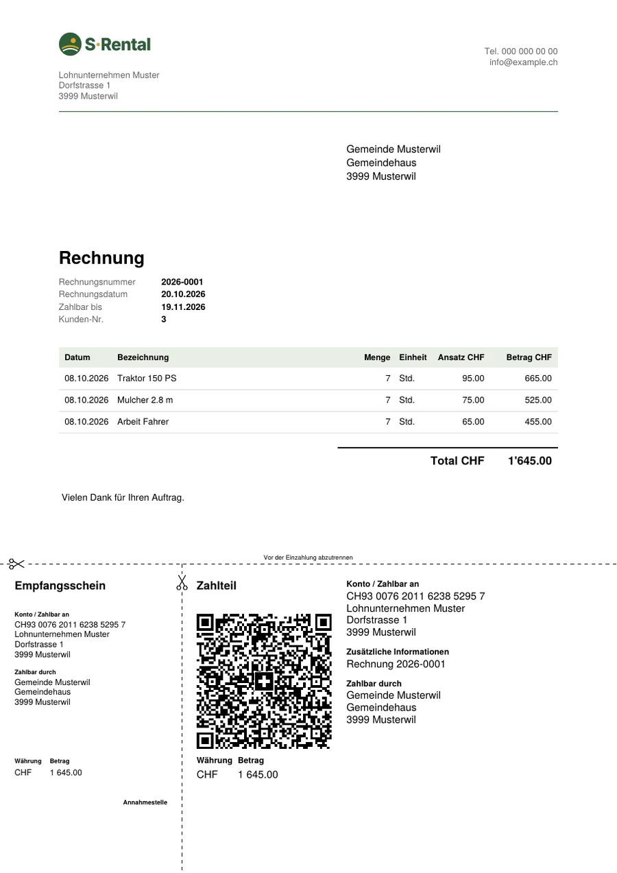 Rechnung als PDF mit QR-Zahlteil (Beispieldaten)